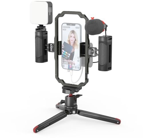 SMALLRIG Universal Phone Video Rig Kit for iPhone, Smartphone and Cameras, Phone Stabilizer Rig w/Tripod Microphone LED Light Side Handle Power Bank Holderm, for Vlogging & Live Streaming - 3384C