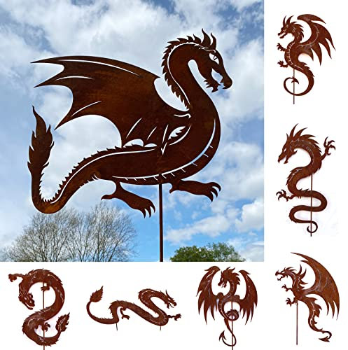 Gartenfigur Drache stehend 63x58cm + Stab Gartenstecker Edelrost Gartendeko Wetterfest Rost Metall Rostfigur Drachen Figur Dragon von Steinfigurenwelt