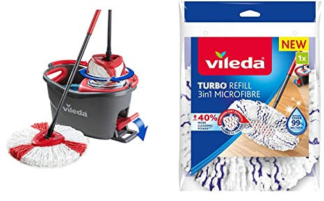 Vileda Easy Wring & Clean Turbo Balai à Frange Seau à Pédale Set Complet, 2,1kg 1 Unité (Lot de 1) Gris/Rouge & Recharge Turbo 3en1 avec Pad Central pour 40 % de Puissance de Nettoyage en Plus