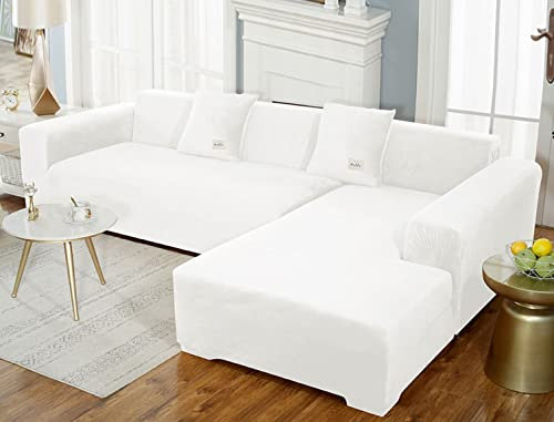 GUYIRT Superstretch Sofabezug L Form Samtplüsch Couchbezug Modulare Sofabezug Sofa Überwürfe Mit Elastischem Boden Möbel Protector Für Wohnzimmer -Weiß-2-Sitzer + 2-Sitzer