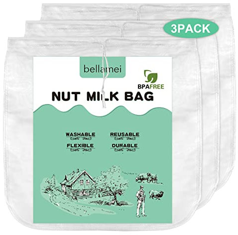 Bellamei 3 pack 14x14 Nut Milk Bag Extra Large Reusable Food Strainers Nut Bags For Straining Almond/Soy Milk Greek Yogurt Professional for Cold Brew Coffee Tea Beer Celery Juice Fine Nylon Mesh