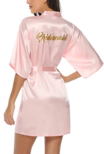 Migcaput Kimono Robe Femmes Peignoir Satin Femme Robes Chambre Kimonos Chemise de Nuit Court Mariée Demoiselle d'honneur B-rose demoiselle d'honneur,XL