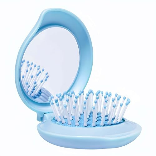 Arthaxi Blue Travel Hair Brush with Mirror, Compact Mirror and Mini Hair Brush Set, Folding Hairbrush for Women and Girls