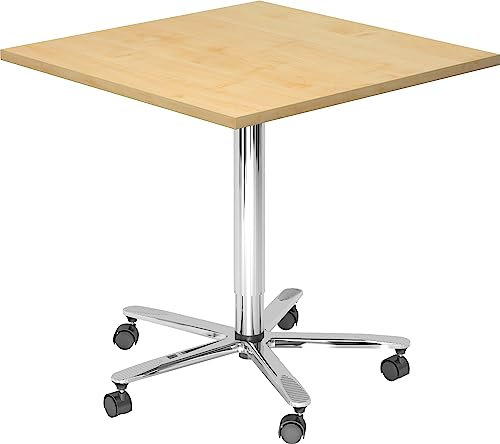 bümö Säulenhubtisch höhenverstellbar, Stehtisch Büro, Bistrotisch eckig 80 x 80 cm - Besprechungstisch Ahorn, Stehtisch Holz-Platte, Säule aus Metall verchromt, Säulentisch, Hochtisch