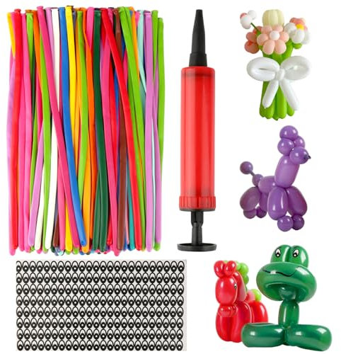 100 Palloncini da Modellare Magici - Set per Animali Lunghi in Lattice Con Pompa e Adesivi per Occhi - per Compleanni, Feste, Matrimoni e Festival
