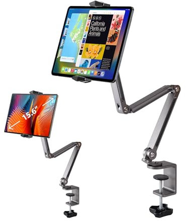 QJYKIONE Tablet-Ständer aus Aluminiumlegierung, um 360° verstellbar, iPad-Armhalterung, faltbar, kompatibel mit iPad Pro Air 13/12.9/11 Mini, tragbarer Monitor 15,6 Zoll, Samsung Galaxy, Kindle, Grau