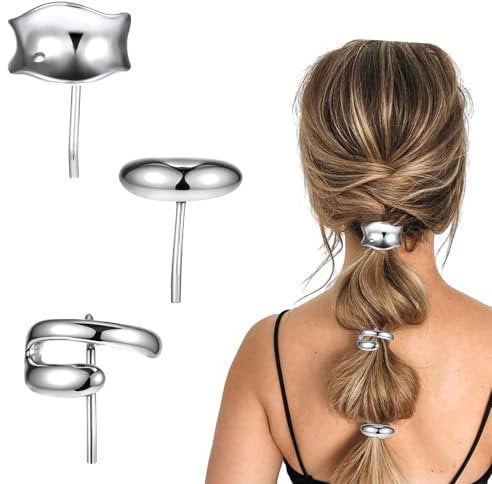 PEOVLVN 3 Pcs Silver Hair Cuffs, 1 Inch Metal Ponytail Cuff Silver Hair Tie Ponytail Holder Hair Clips Decorative Barrettes for Women Girls Long Hair Ponytail Hair Accessories