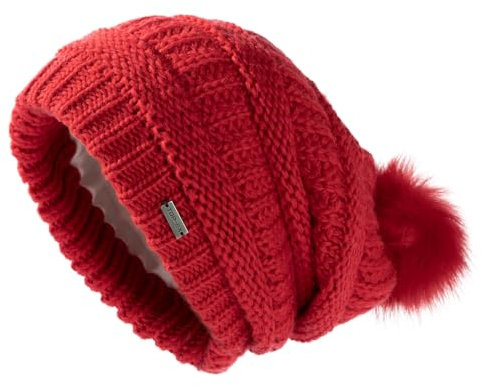 TOP-EX Outdoor Sport Wintermütze Damen 100% Wolle Strick mit Fellbommel - Winddicht und warm gefüttert für Ski & Outdoor - Rot