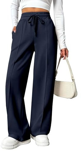 PINSPARK Damen Jogginghose High Waist Sporthose Weites Bein Sweatpants mit elastischem Bund Yogahose Trainingshose Fitness Sweathose Baggy Freizeithose mit Taschen Navy Blau L