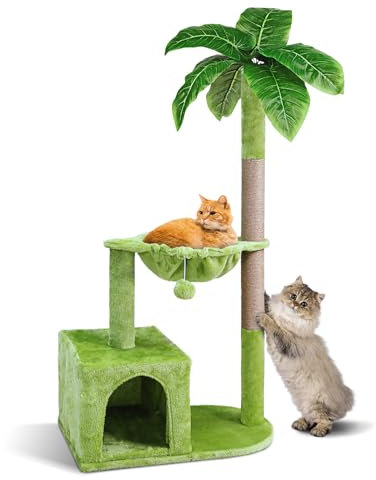 Zvonema Petit Arbre à Chat Hauteur 110 cm, Arbre à Chat avec Poteau Griffoir en Sisal, 1 Niche & 1 Hamac, avec Pompon Suspendue, Matériaux Sûrs pour Chatons & Chats Adultes, Vert