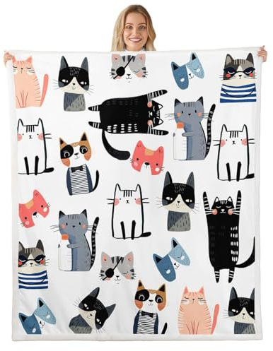 Homemissing Cartoon Katze Bettwäsche 150x200cm Kawaii KätzchenWohndecke Nette Linie Kuscheldecke Schöness Tier Colorfu Muster Weich Flanell Fleecedecke Atmungsaktiv