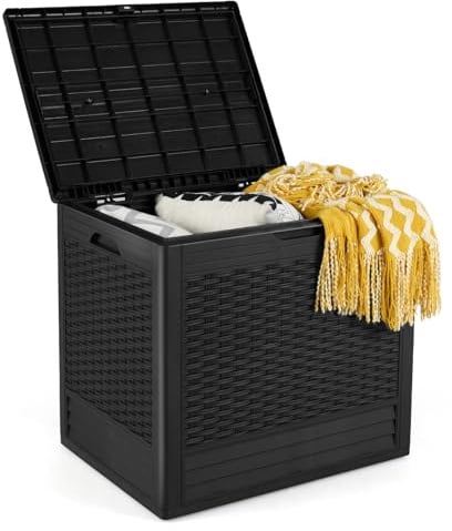 COSTWAY Garden Storage Box, Waterproof Plastic Deck Box with Handles & Lockable Lid, Outdoor Storage Bin Furniture Organizer for Cushion Tool Toy (Rattan Pattern, 58 x 43.5 x 53cm, Black)