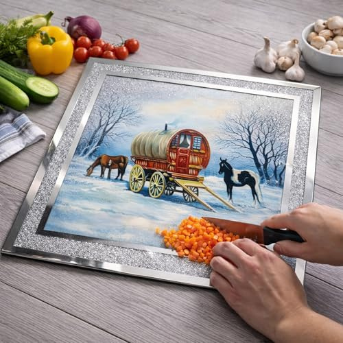 OBD Silver Diamond Crushed Glass Chopping Board Romany Caravan Design Heat Resistant Kitchen Board for Food Preparation Serving and Worktop Protection (Two Horse 1 Buggy Chopping Board)