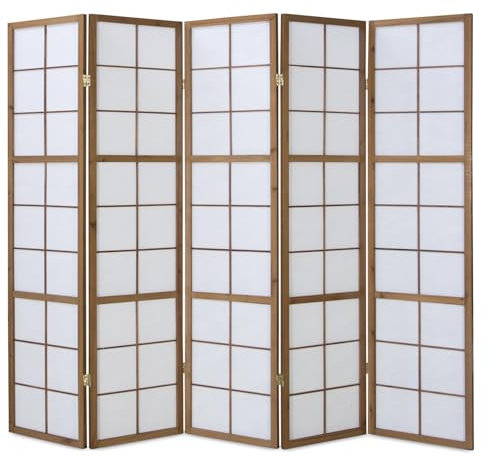 Homestyle4u Paravent Raumteiler 5 teilig Holz Braun Raumtrenner Sichtschutz Trennwand Reispapier Weiß