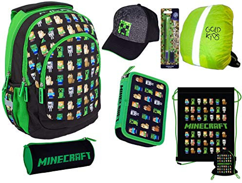 Goldkids 7er Set Schulrucksack Ranzen Federmappe Turnbeutel Minecraft Motiv erste Klasse Mütze Füller Game Regenhülle Schlampermäppchen Sportbeutel Schirmmütze Kapperl Schreibfeder Füllerfederhalter
