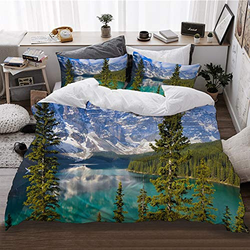 HATESAH Bedding Bettwäsche,Landschaft,Moraine Lake Rocky Mountains Kanada Sommerwald Hohe frische Bäume,Bettwäsche 135x200cm,Kopfkissenbezug 2(50x80cm)