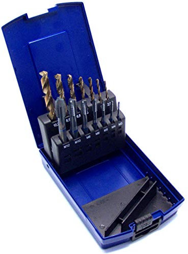 WSH-TOOLS Maschinengewindebohrer Set Blauring Durchgangsloch M3, M4, M5, M6, M8, M10, M12 HSSE-Co5 14-teilig inkl. Kernlochbohrern