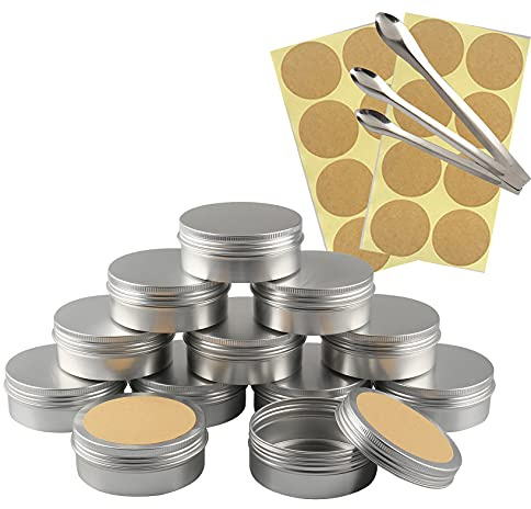 TIANZD 50 Pièces 150 ml Vide Rond Argent Pots en Aluminium Cosmétiques Pot Canettes Bocaux Conteneurs 5ml for Fait Main Bougies Crème Baume Voyage, 3x aluminium cuillère, 50x Étiquettes