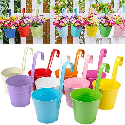 Vasi da fiori sospesi, XRR 10 pezzi Vaso da fiori sospeso in metallo Vaso da fiori sospeso con Foro di drenaggio, vaso da fiori per piante da esterno per recinzione da giardino (16 x 13,5 x 12 cm)