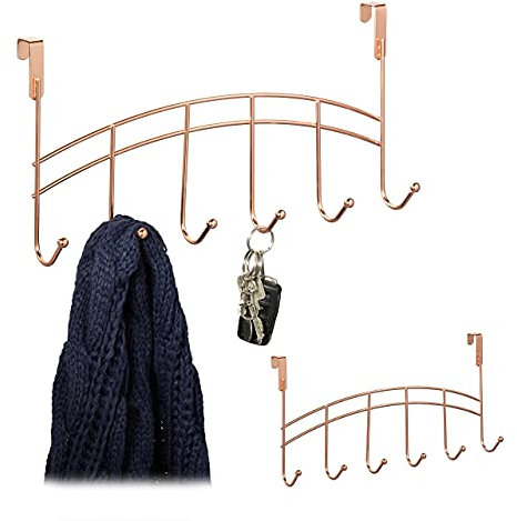 Relaxdays 2 x Türgarderobe, 6 Haken, zum Einhängen, Metall, Türhakenleiste Flur, Schlafzimmer, Bad, HxBxT: 20 x 40 x 9 cm, kupfer