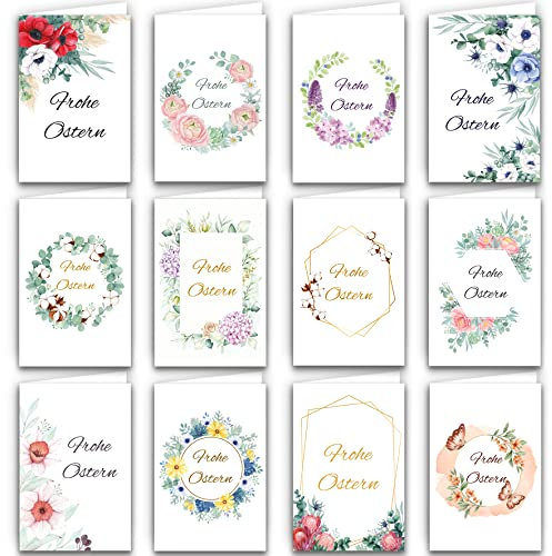 Osterkarten mit Umschlag Klappkarten Set 12 Stück A6 aufklappbar in zarten Pastelltönen und Blumenmuster Grußkarten Happy Easter Oster Karten Kartenset Umschläge hochwertig geschäftlich beige