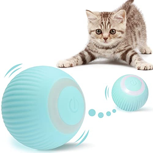 SEEZSSA Interactive Cat Toys Balls, Automatic Cat Ball with LED Light, USB Rechargeable, 360° Rotating Smart Kitten Toys for Indoor Cats Funny Stimulate Hunting Instinct Chasing Ball, Blue