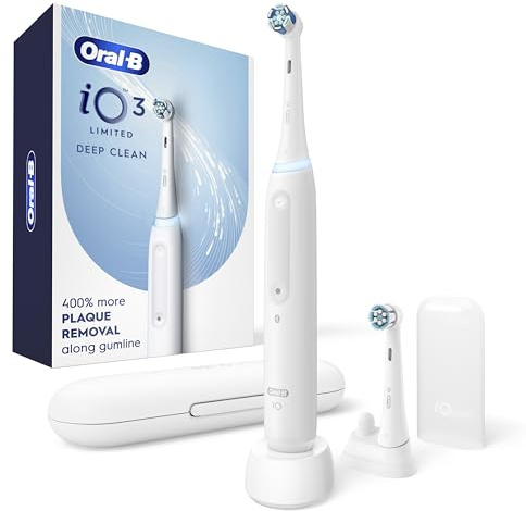 Oral-B Rechargeable Electric Toothbrush, iO3 Limited Deep Clean, 3 Cleaning Modes, Visual Pressure Sensor to Protect Gums, 2 Brush Heads, Travel Case, White