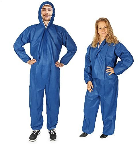 com-four® 2x Schutz-Anzug dreilagig mit Kapuze und Reißverschluss - dreilagiger Maler-Overall One-Size - Körpergröße von 160 bis 200 cm - Schutzkleidung zum Malern und Renovieren (Blau - 2 Stück)