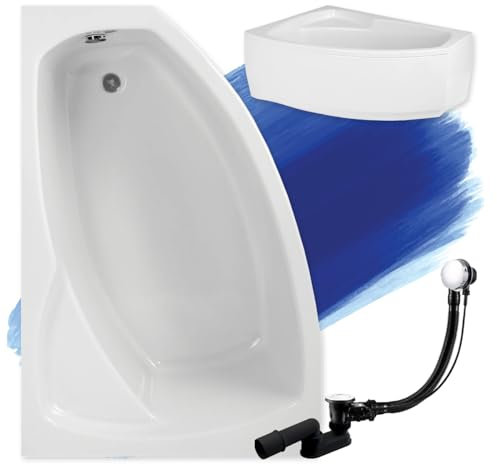 BADLAND Badewanne Original Weiß Acryl Wanne Eckbadewanne FRIDA 150x100 Links KOMPLETTSET SET mit Weiß Acrylschürze + Füßen und Exklusive Chrom Automatik Ablaufgarnitur Made in EU 4in1