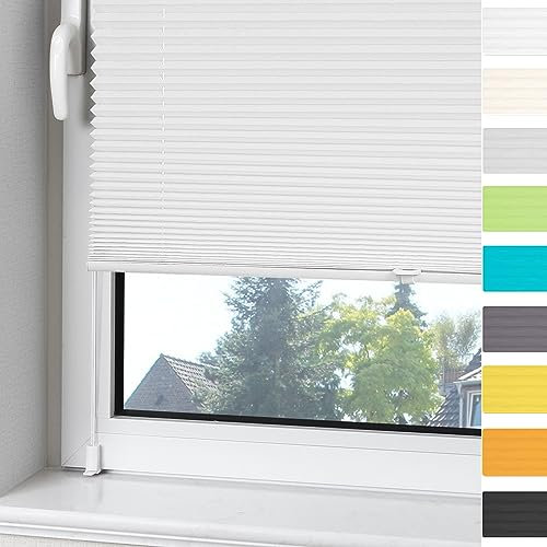 OUBO Plissee ohne Bohren Klemmfix Aluminium-Schienen,Weiß 35x130cm(BXH), Jalousie Easyfix Faltrollo mit Klemmträger Sonnenschutz und Sichtschutz lichtdurchlässig Rollo für Fenster & Tür
