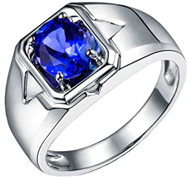 AMDXD Echtes Ringe Eheringe 18K Weiß Gold Au750, Blau Tansanit 1.15ct Partnerringe Freundschaftsringe Diamantring Solitär Männer Ring Gr.53 (16.9)