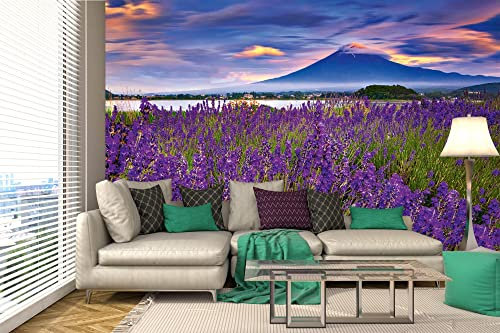 Vlies Fototapete BERG FUJI UND LAVENDEL 375 x 250 cm (inkl. Kleister) - Vlies Tapete, Wandtapete, Wandbilder - Tapete für Wohnzimmer Schlafzimmer, Büro, Küche - Montagefertig