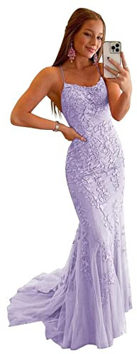 Mermaid Long Party Dresses for Teens Spaghetti Strap Tulle Prom Gowns Backless Lace Applique Formal Evening Dress Lilac