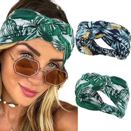 Fashband Boho-Stirnbänder mit Blume, elastisches Haarband, geknotet, Yoga-Haarschmuck für Damen und Mädchen (2 Stück) (grün)
