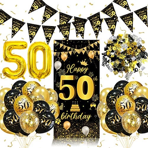 50 Geburtstag Deko,50. Geburtstag Männer Frauen Dekorationen Banner,Konfetti 50. Geburtstag Deko,50. Geburtstag Deko Lange Banner Hintergrund und Schwarz Gold,Geburtstagsdeko 50 Luftballons
