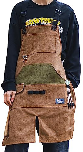 SLDAGe tablier barbecue homme humour, tablier en denim réglable, tablier de travail multifonctionnel robuste avec poches à outils avec pour barbier peintre artisan jardinier coiffeur,Marron
