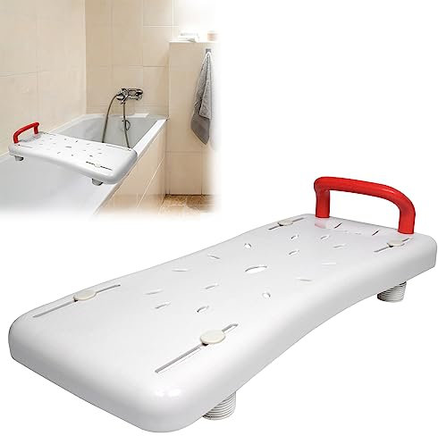 JOIEYOU Badewannenbrett Weiß Kunststoff Badewannensitz 70x31cm mit Rot Griff Einstellbar Einbaubreite 41-63cm Sitzbrett für Senioren Behinderte Schwangere belastbar bis 150 kg