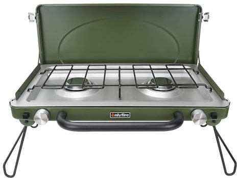 ONLYFIRE - Estufa portátil de campamento de 2 quemadores, estufa de propano con patas plegables, estufa de parrilla de camping con quemadores ajustables, pestillo y mango resistentes para camping,