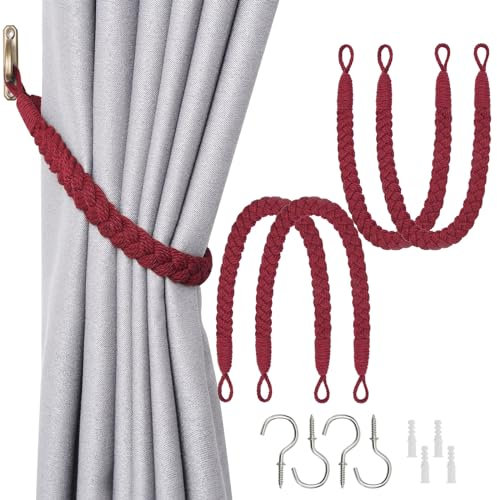 Pretty Jolly Vorhang Raffhalter aus natürlichem Baumwollseil, eleganter, dekorativer Vorhang-Raffhalter im Boho-Stil, weiche, handgewebte Seil-Vorhanghalter für Zuhause und Büro, Wein Rot, 4 Stück