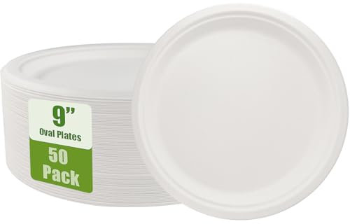 JinPhon 50Pcs 23cm 9’’ Assiettes Jetables en Bagasse Rigides, Biodégradables & Compostables, Assiettes Écologiques pour Pique-nique, Restaurant, Anniversaire, Steak Dessert, Couleur d'origine