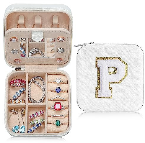 TINGN Reise Schmuckkästchen Damen Mädchen, Schmuckschatulle mit Buchstaben P | Reise Schmuckkästchen Klein | Reise Schmuckkästchen Damen | Reise Geschenke für Frauen | Reise Schmuck Organizer - Weiß