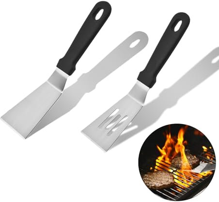 Quixotical 2 Pcs Griddle Spatula Set, Stainless Steel BBQ Spatulas and Scraper, Flat Top Griddle Accessories for Cooking and Barbecue
