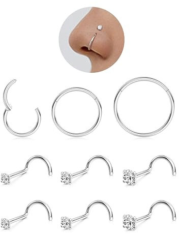 LOLIAS 9Pcs Nasenpiercing Chirurgenstahl Damen Herren 6/8/10MM 14K Silber Nasenpiercing Ring Nasenpiercing Stecker Septum Ringe Nose Nostril Piercing Nasenstecker Nasenring Piercing 20G