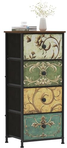 VEDECASA Chest of Drawers Bedroom Fabric Dresser with 4 Drawers Vintage Narrow Tall Tower Unit Organiser for Closet Living Room Bedroom Halfway Sturdy Metal Frame Wooden Top Easy Pull