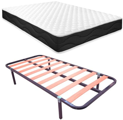 Homey Lit Complet avec Matelas Sleep Pro réversible + sommier à Lattes Basic, Acier allié, Gris, 90 x 190 cm