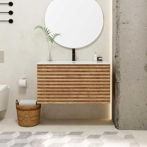 UEV Waschtisch mit Unterschrank, Waschbeckenunterschrank 90cm hängend, Schubladen mit Soft-close-System, Waschplatz, Wandwaschbecken, Badezimmmer Möbel für Gäste WC, Badmöbel Set für Badezimmer, Natur