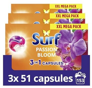 Surf 3 in 1 Passion Bloom Laundry Washing Detergent Capsules 153 washes (3x 51 capsules) joy-infused fragrance with natural essential oil lasting up to 12 hours in wear for brilliantly clean results