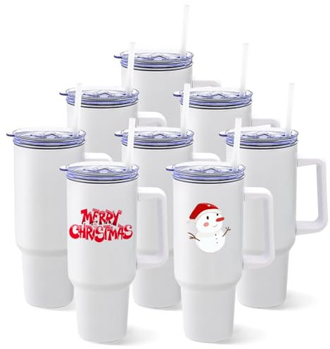 YOUKE OLA 8 Pack Sublimation Tumblers 40oz with Handle Blanks Stainless Steel Insulated Large Tumbler Bulk Coffee Travel Cups for Tumbler Heat Press Sublimation Oven Printing, White