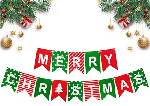 Frohe Weihnachten Banner,Rote und Grüne Weihnachts Girlande,Weihnachten Fahnen Hängende Dekorationen,Weihnachten Wimpel Wimpelkette,für Innen Freien Party Kamin Wand Garten Weihnachtsdekorationen