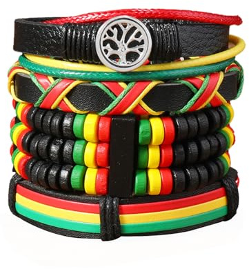 DVOFU 4pcs Rasta Bob Marley Leather Woven Bracelets Leather Rasta Plaided Hippie Braid Bracelet Jamaican Adjustable Wristband for Men Women Fashion Jewelry